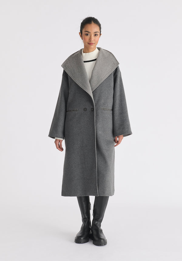 Two-Tone Double Breasted Wool Blend Coat in Grey Front
